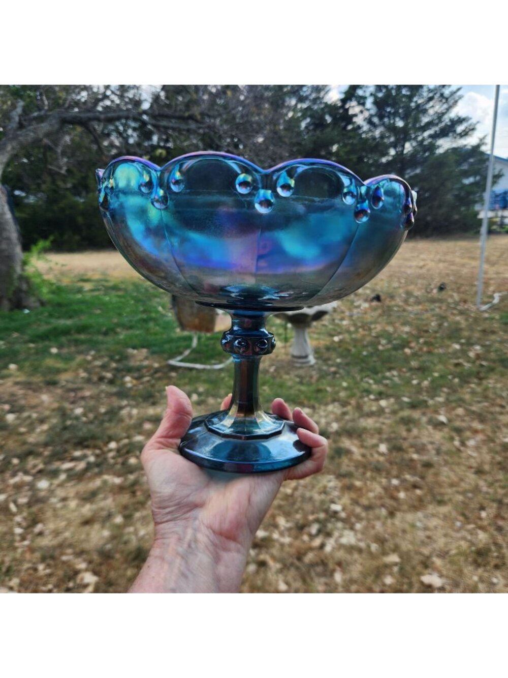 Vintage Indiana Glass Blue Iridescent Carnival Teardrop Pedestal Compote Bowl